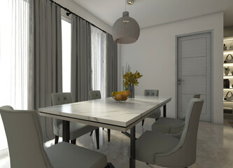 3D marble dining table design with six chairs for dining room interiors.