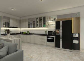 Contemporary and clean 3D kitchen interior design with beige cabinets, white ceramic, marble accents, and lighting.