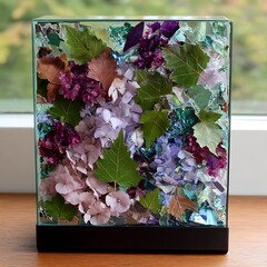 Botanical Encasement Art Glass Cube with Hydrangeas and Leaves Display on Tabletop Surface.