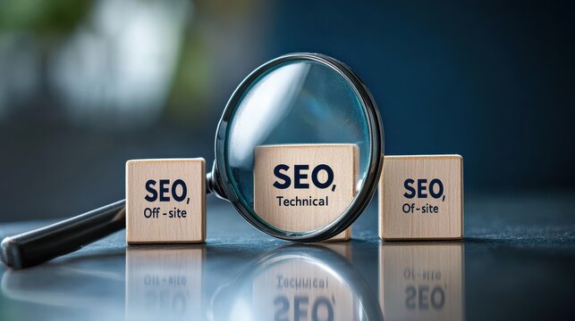 A magnifying glass with the letters "SEO" next to three blocks labeled "On-site SEO," "Technical SEO," and "Off-site SEO." Search engine optimization concept.