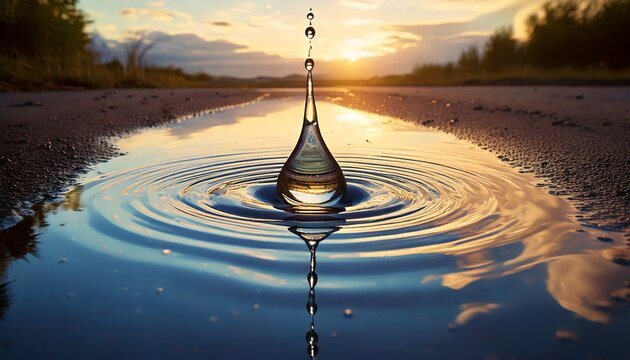 A single droplet falls into a puddle reflecting the sky, which holds another droplet in an endless loop. A surreal visual of infinity, reflection, and recursion