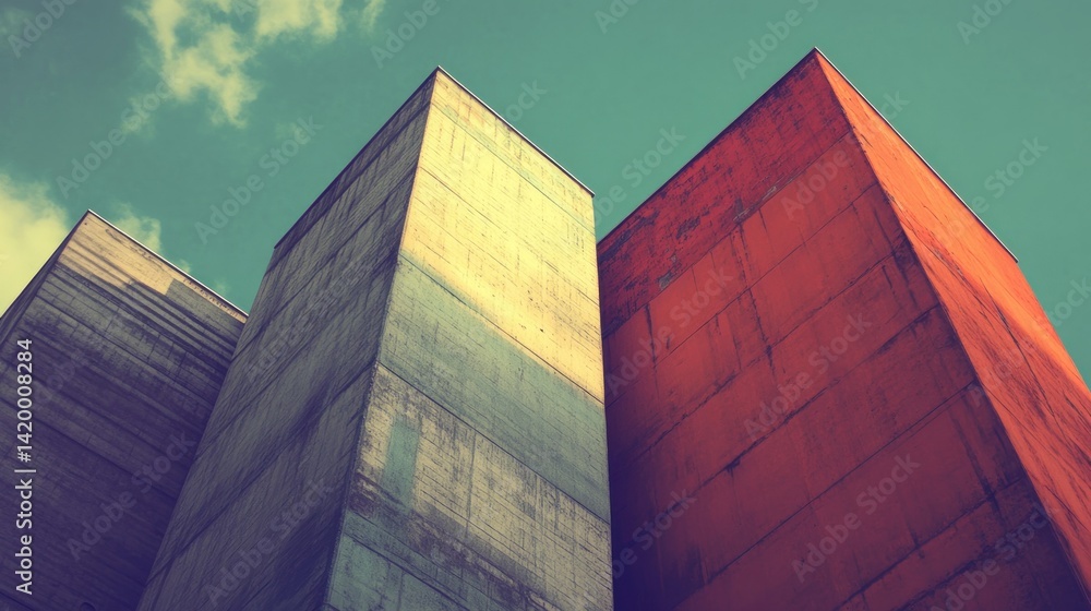 Poster low angle view shows colorful architecture and cloudy sky overhead
