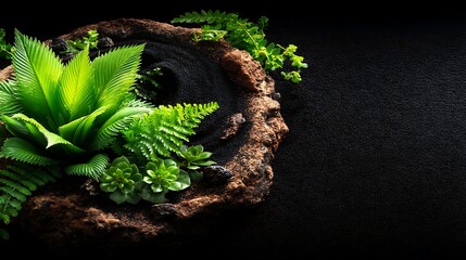Botanical Harmony Lush Green Plants Growing Inside Abstract Rocky Face Sculpture Still Life.