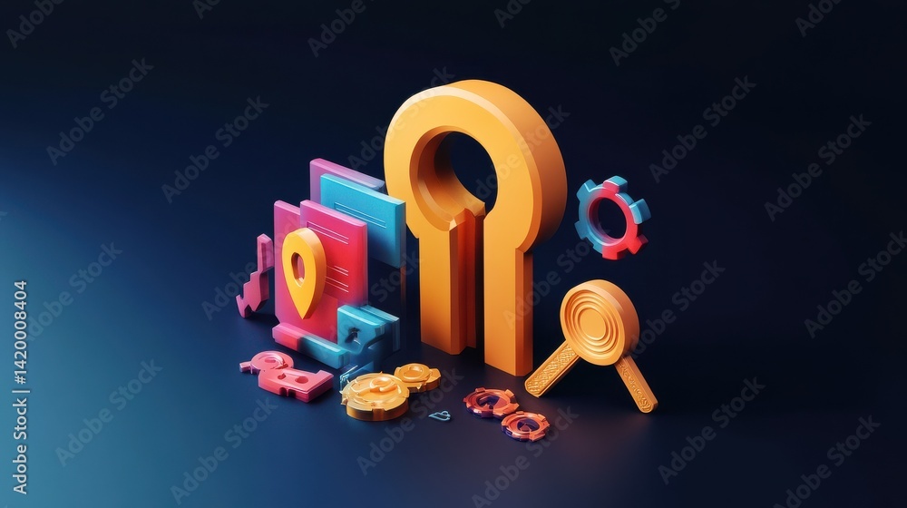 Poster 3d business success illustration with key strategy keywords and web icon design