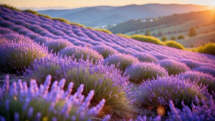 Obraz premium Blooming Lavender Field at Sunset in Rural Landscape Scenic View