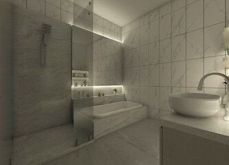3D bathroom interior lighting design ideas for decorative mirror wall panels and display shelves above the bathtub.