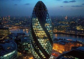 Obraz premium Stunning Aerial View of Cityscape at Twilight Featuring Iconic Shard Building and Illuminated Thames River