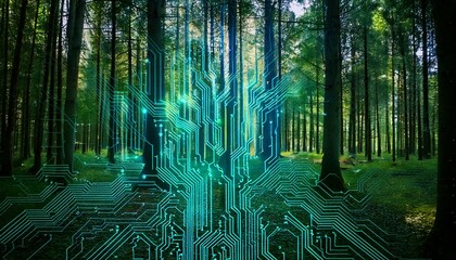 A forest made of circuit boards, where tree trunks glow with flowing data and leaves flicker like streaming code. A surreal blend of technology and organic design