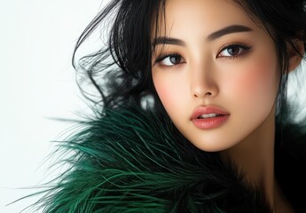 Portrait of an Elegant Model with Stunning Makeup and Luxurious Green Fur Accents Against a Soft Background