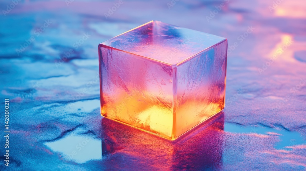 Poster a colorful translucent cube glowing on a reflective surface
