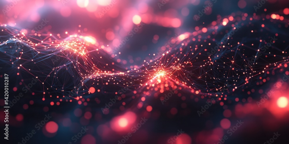 Poster abstract digital background with glowing particles and colorful lights illuminating wavy surface in 