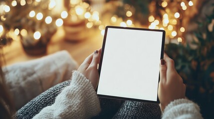 Hipster girl using tablet technology in home atmosphere, girl person holding computer with blank screen on background bokeh, female hands texting on relax holiday, mockup templates gadget