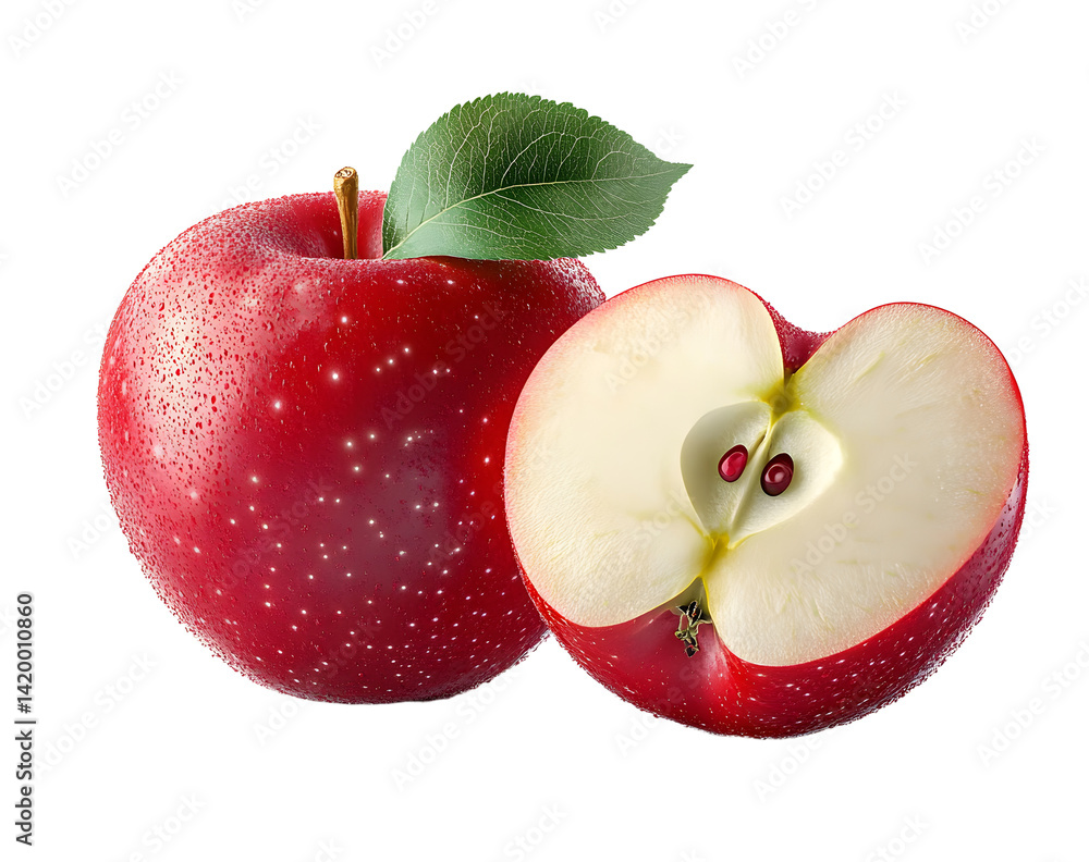 Poster apple isolated png. red apple and a half with leaf on transparent background. png format. red apples