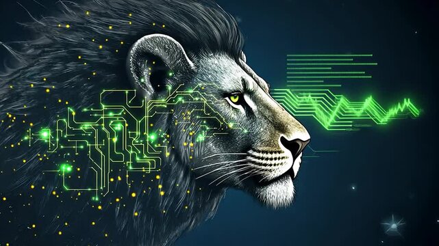 Cybernetic Lion Profile in Deep Space