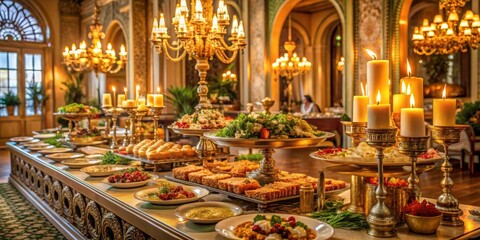 Obraz premium A lavish buffet table displays an array of gourmet appetizers and pastries, illuminated by the warm glow of candlelight in an elegant, ornate dining hall.