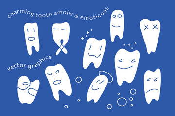Set of vector funny cartoon tooth emojis and emoticons for dental clinics, children's materials, oral health campaigns, packaging, and educational graphics.