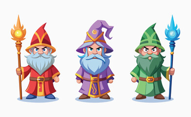 Naklejka premium Magician Cartoon Character Set – Purple Green Wizard with Staff – Fairy Tale Fantasy Game Illustration