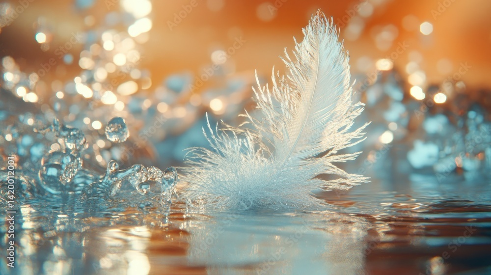 Poster a delicate white feather floating near water with bubbles and bokeh