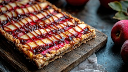 A beautifully crafted apple tart featuring caramel drizzle and berry sauce on display