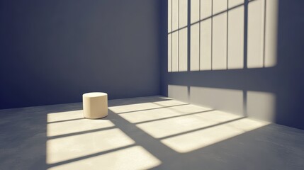 Dramatic light streams through bars, casting long shadows across a minimalist, empty room with a lone cylindrical object