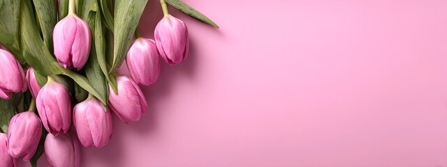 Obraz premium Pink tulips border frame on a pink background with copy space for text, top view. Women's Day