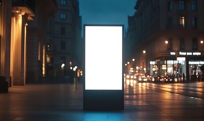Nighttime Display: A striking vertical billboard stands illuminated at the heart of a bustling cityscape, its pristine surface ready to showcase messages.
