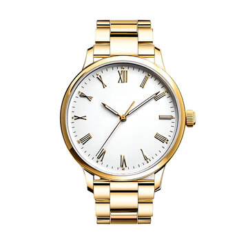  Golden gold watch white face with numbers on the glass simple background transparent PNG