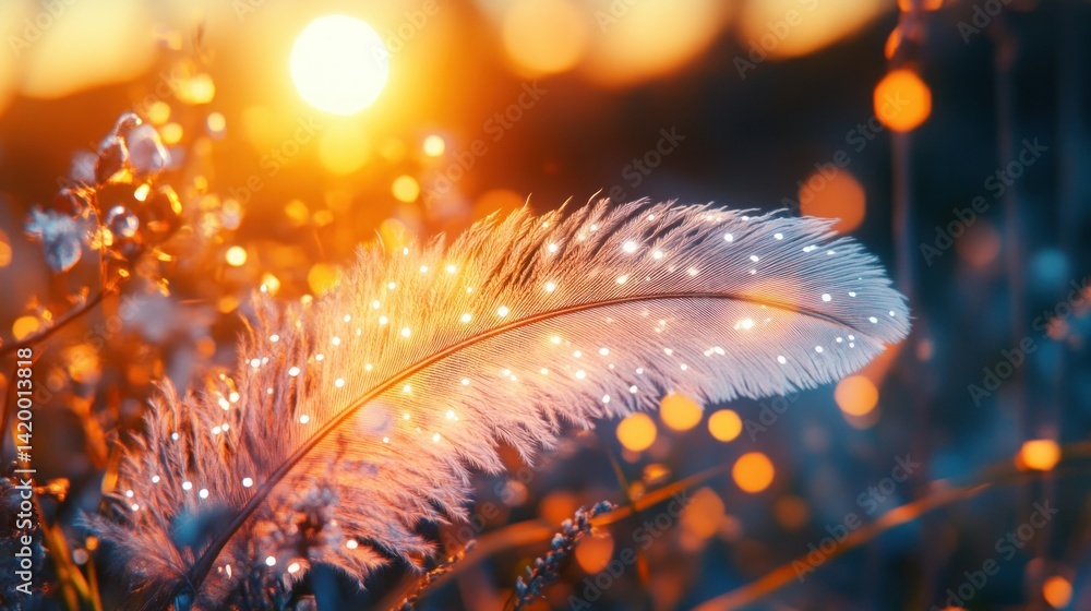 Poster a close up image of a luminous illuminated bird feather