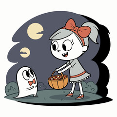 Friendly Ghost Girl Sharing Candy &ndash; Halloween Vector Scene