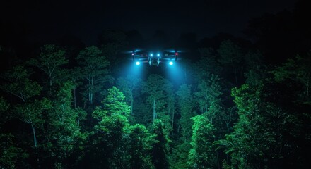 Fototapeta premium Drone Flying Over Forest at Night (Photos)