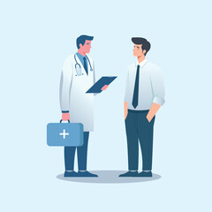 Doctor and patient flat vector, healthcare consultation illustration, medical checkup scene, hospital visit, cartoon doctor, clinic appointment concept, healthcare vector art design