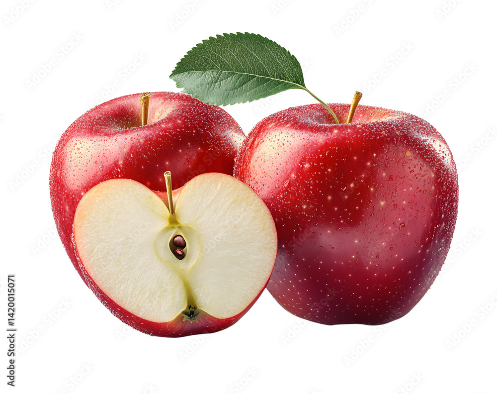 Poster apple isolated png. red apple and a half with leaf on transparent background. png format. red apples