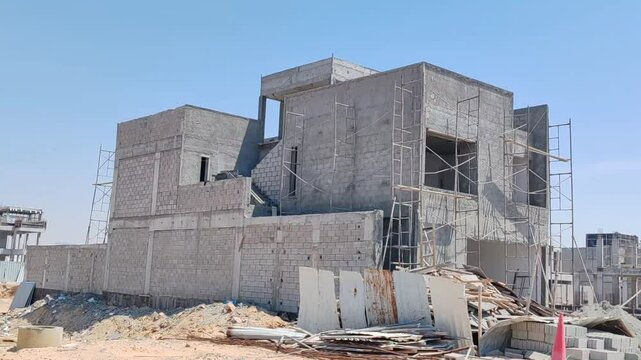 Under Construction House Or Villa's,villa's With Concreate Block Or Bricks.
Exterior View Of 02 Story Under Construction House With Modern Design.
In Complete Villa's, Home Or House full Structure