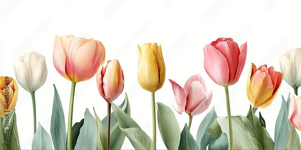 Poster watercolor spring tulip border banner background vector presentation design template with copy