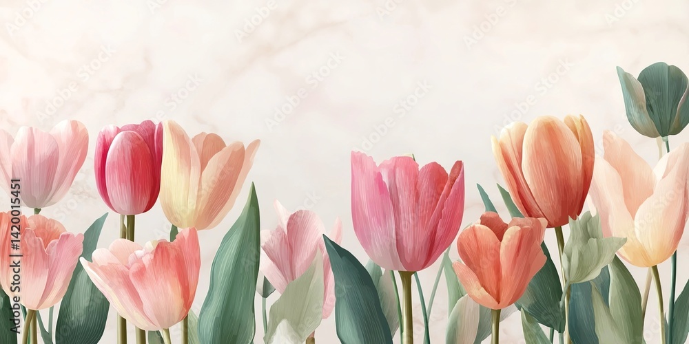 Poster watercolor spring tulip border banner background vector presentation design template with copy