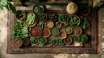 Aerial view of fresh vegetables and herbs arranged in bowls on a rustic wooden table