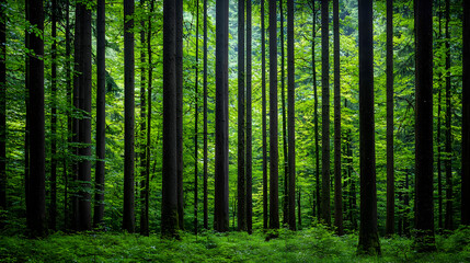 Fototapeta premium Dense Forest With Lush Green Trees And Sunlight