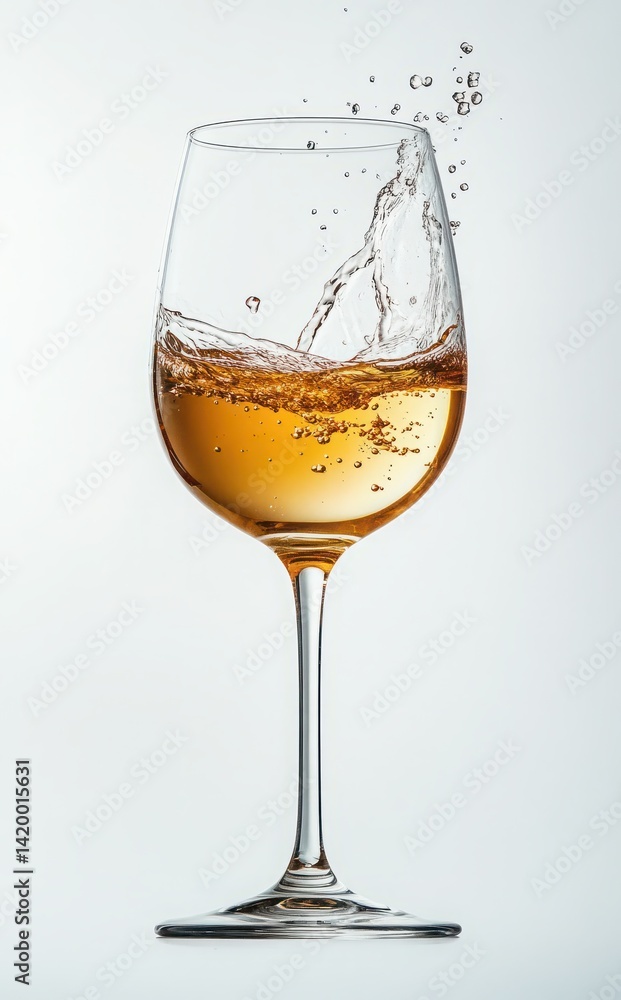 Poster elegant glass filled with golden liquid splashing in a stylish setting on a light background