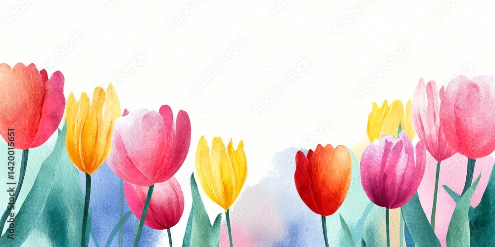 Poster watercolor spring tulip border banner background vector presentation design template with copy