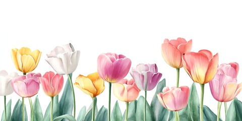 Fototapeta premium Watercolor spring tulips border banner, pastel colors, simple, low details, cute, white background,