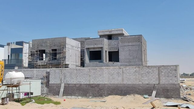 Under Construction House Or Villa's,villa's With Concreate Block Or Bricks.
Exterior View Of 02 Story Under Construction House With Modern Design.
In Complete Villa's, Home Or House full Structure