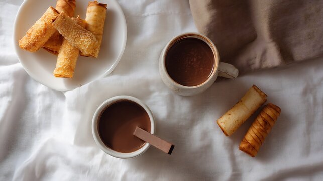 Spanish breakfast pastries known neules crispy rolled wafers served with hot chocolate festive Catalonian treat captured in top down view on white linen covered table