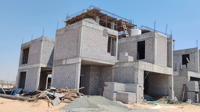 Under Construction House Or Villa's,villa's With Concreate Block Or Bricks.
Exterior View Of 02 Story Under Construction House With Modern Design.
In Complete Villa's, Home Or House full Structure