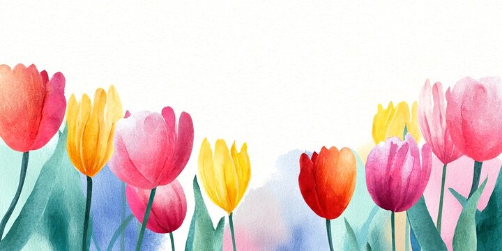 Watercolor spring tulip border banner background vector presentation design template with copy