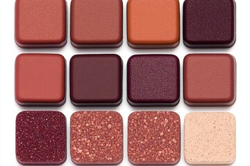 Assorted square palettes of varying shades of terracotta, maroon, and beige