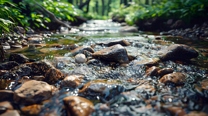 Fototapeta premium shallow forest stream flowing over rocks with sunlight filtering through trees