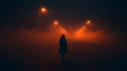 Mysterious Woman Walking Alone on Foggy Night Street Under Streetlights