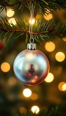 Gleaming silver bauble hangs from a pine bough, Christmas tree lights bokeh, shiny, bauble