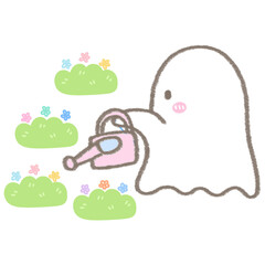The Cute Little Ghost Watering the Flowers in the Garden
