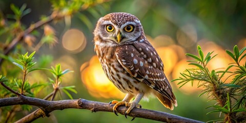 A little owl perched on a branch at sunset, displaying its captivating gaze and exquisite plumage